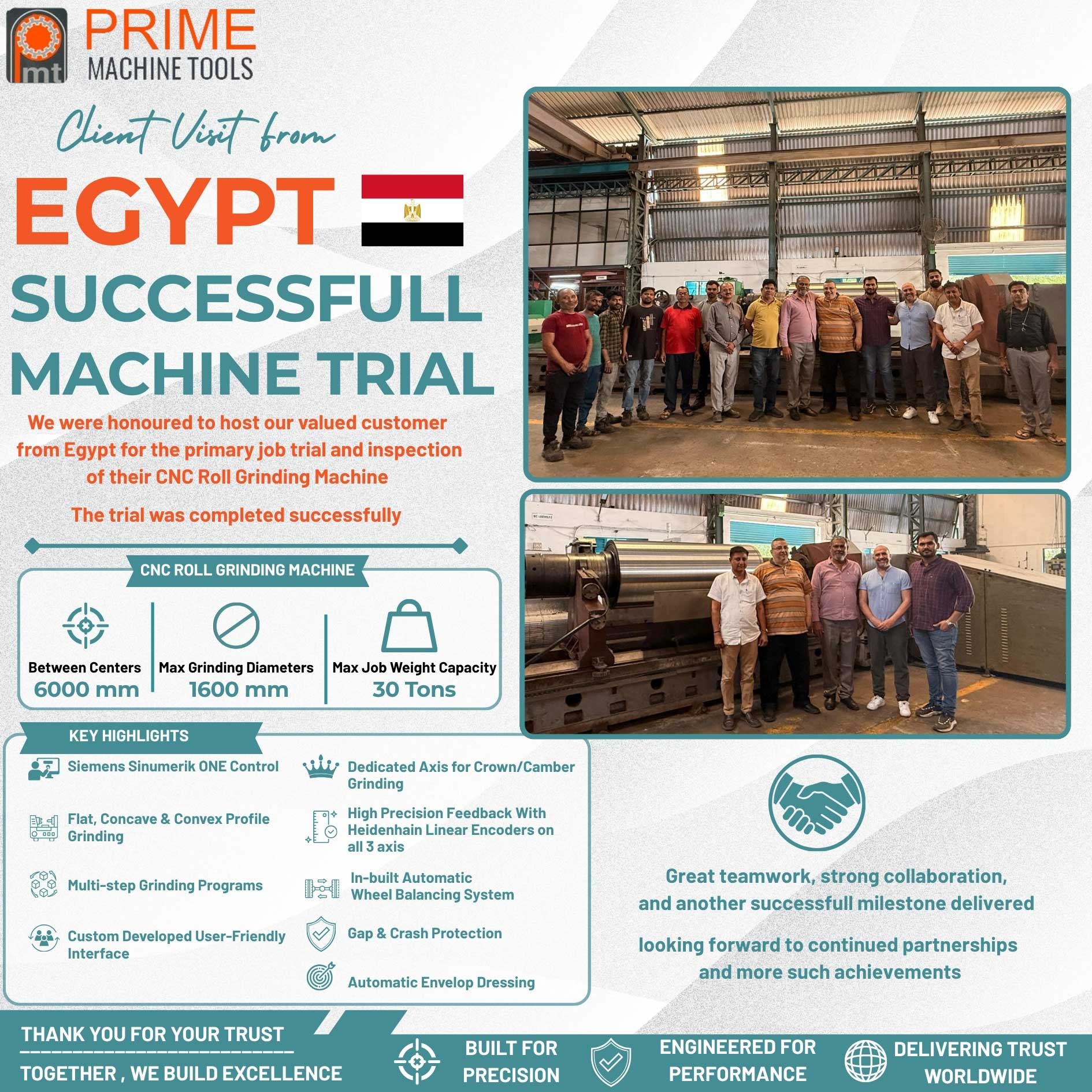 Prime Machine Tools Successfully Completes CNC Roll Grinding Machine Trial for Egypt Client